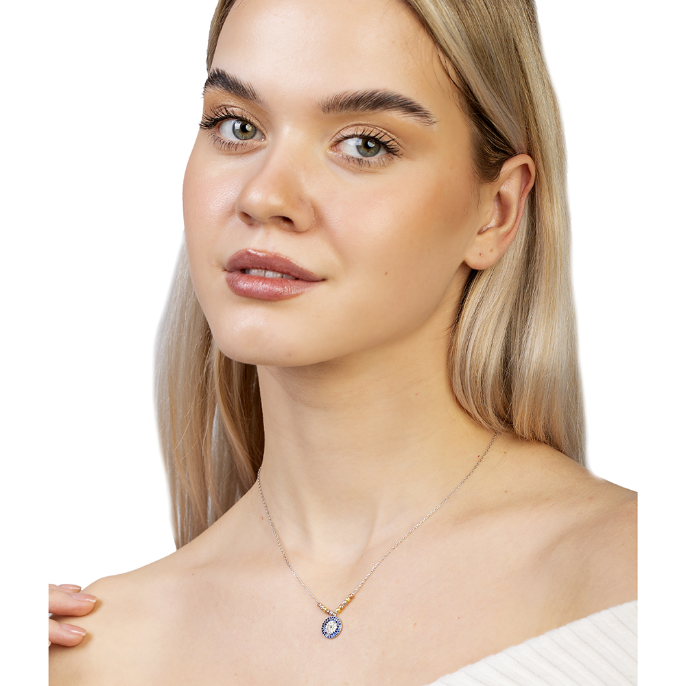 Lacivert Beyaz Zirkon Taşlı Dorika Top Süslemeli Gümüş Renk 925 Ayar Gümüş Kadın Kolye - 3