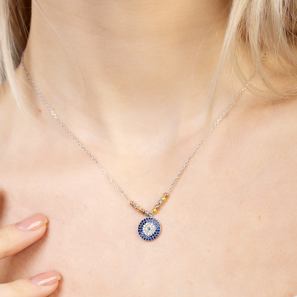 Lacivert Beyaz Zirkon Taşlı Dorika Top Süslemeli Gümüş Renk 925 Ayar Gümüş Kadın Kolye - 4