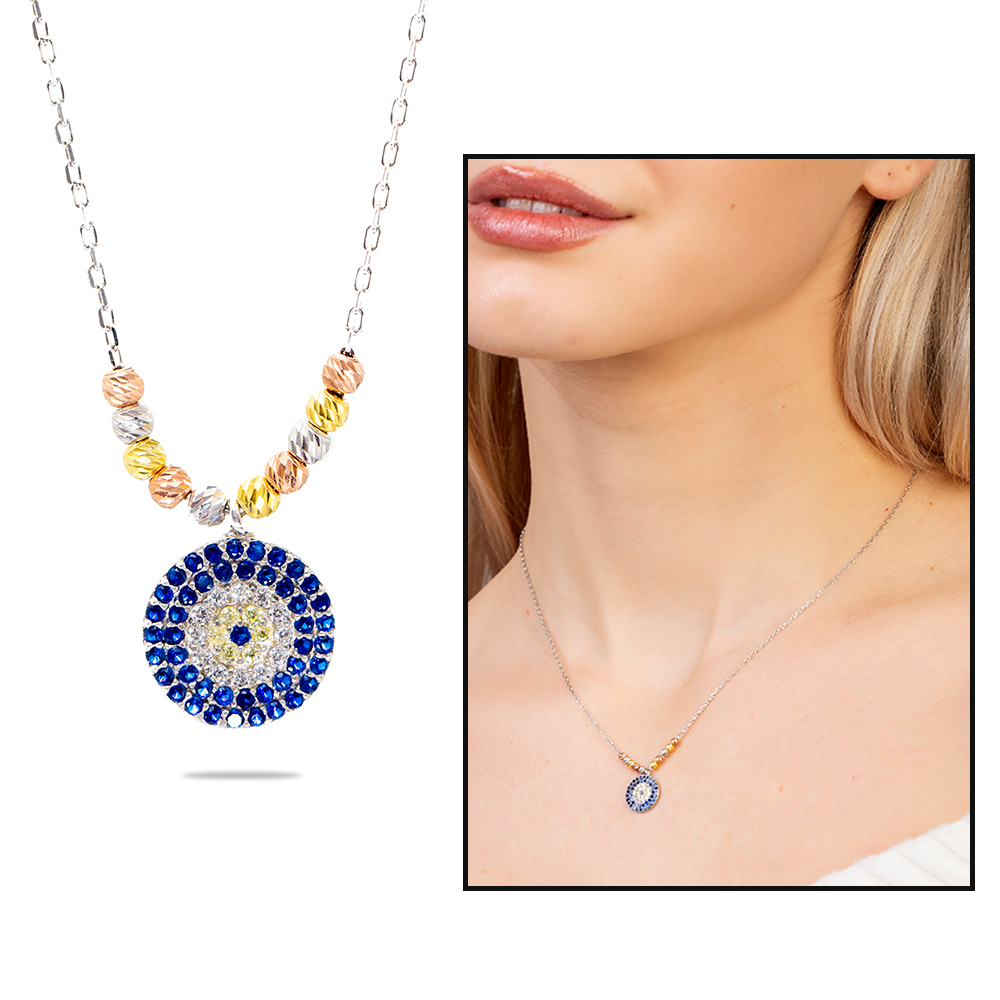 Lacivert Beyaz Zirkon Taşlı Dorika Top Süslemeli Gümüş Renk 925 Ayar Gümüş Kadın Kolye - 1