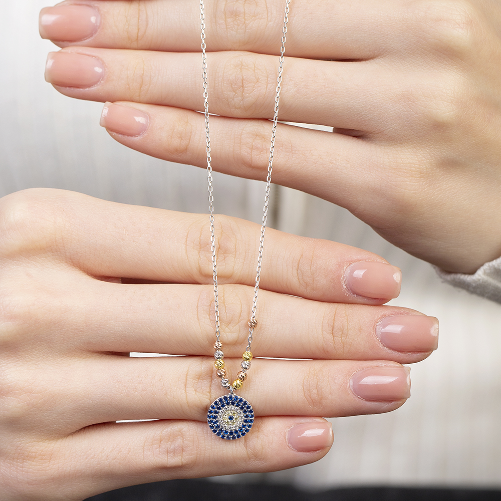 Lacivert Beyaz Zirkon Taşlı Dorika Top Süslemeli Gümüş Renk 925 Ayar Gümüş Kadın Kolye - 5