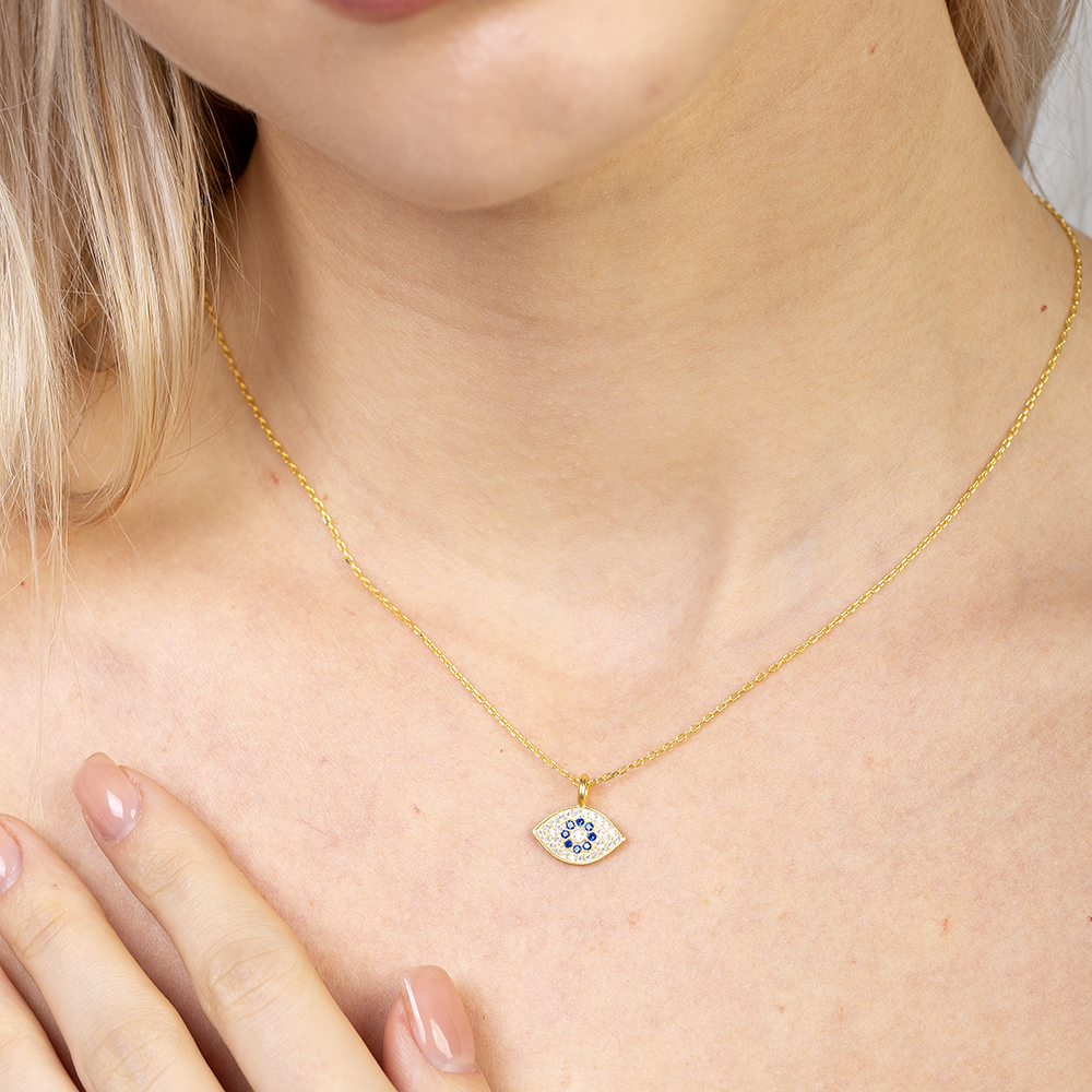 Lacivert Beyaz Zirkon Taşlı Göz Tasarım Altın Renk 925 Ayar Gümüş Kadın Kolye - 4