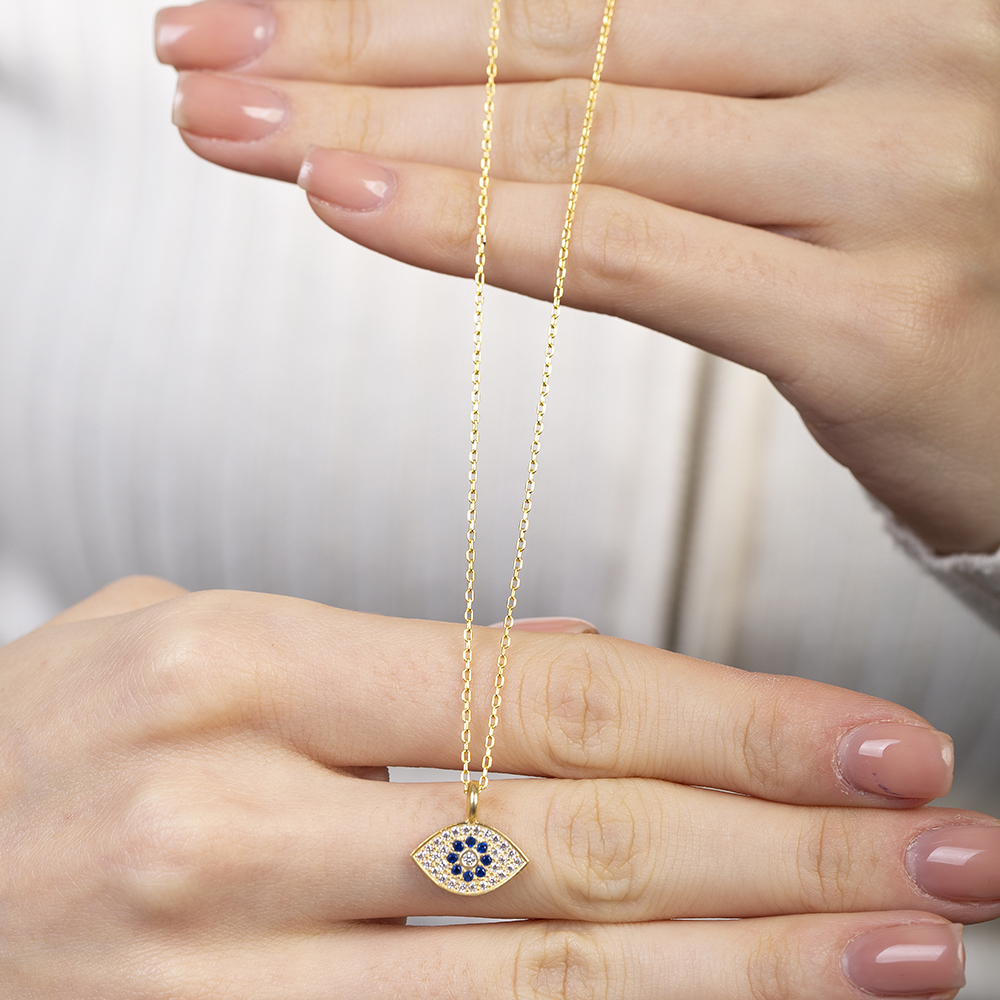 Lacivert Beyaz Zirkon Taşlı Göz Tasarım Altın Renk 925 Ayar Gümüş Kadın Kolye - 5