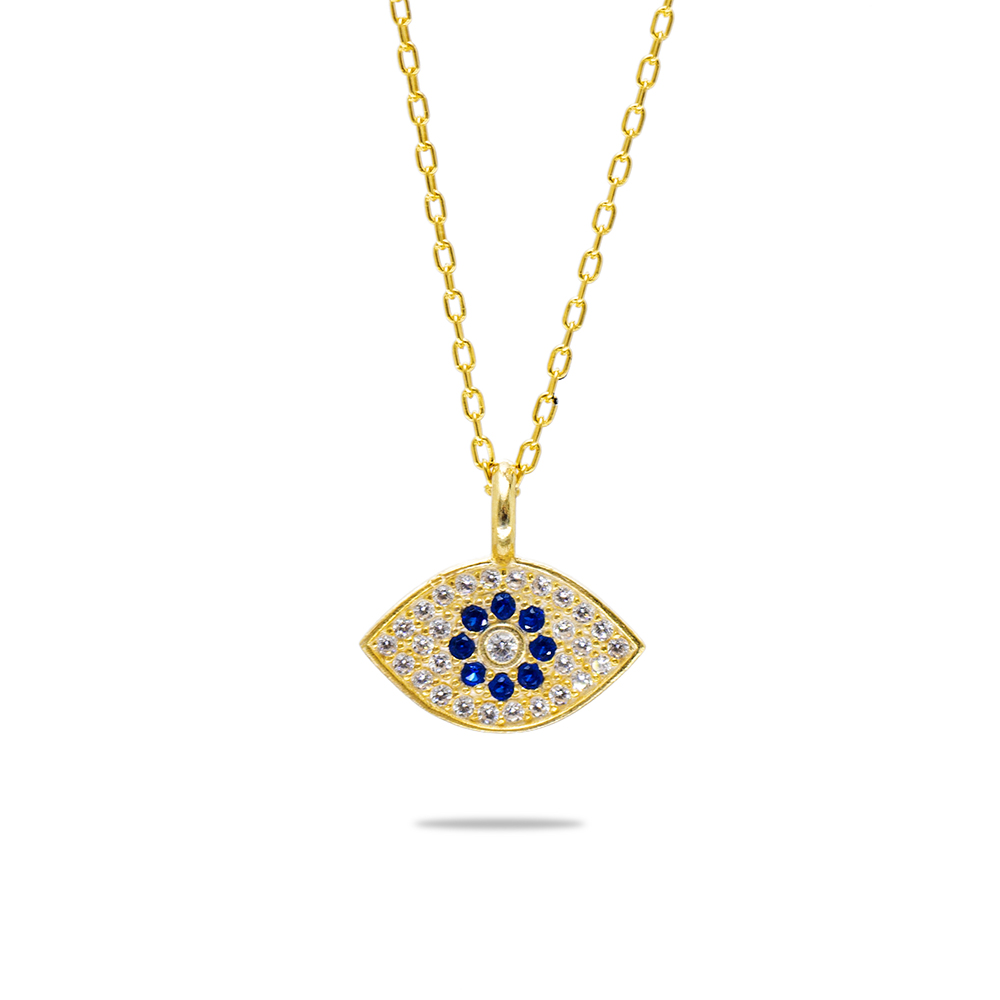 Lacivert Beyaz Zirkon Taşlı Göz Tasarım Altın Renk 925 Ayar Gümüş Kadın Kolye - 2