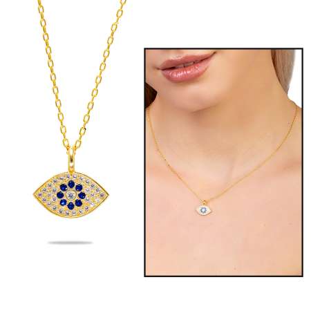 Lacivert Beyaz Zirkon Taşlı Göz Tasarım Altın Renk 925 Ayar Gümüş Kadın Kolye - Tesbihane
