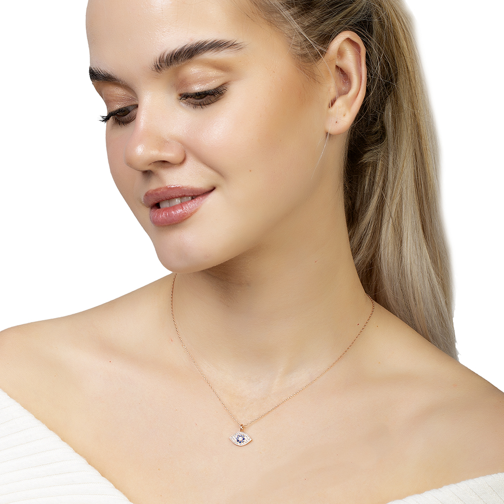 Lacivert Beyaz Zirkon Taşlı Göz Tasarım Rose Renk 925 Ayar Gümüş Kadın Kolye - 3