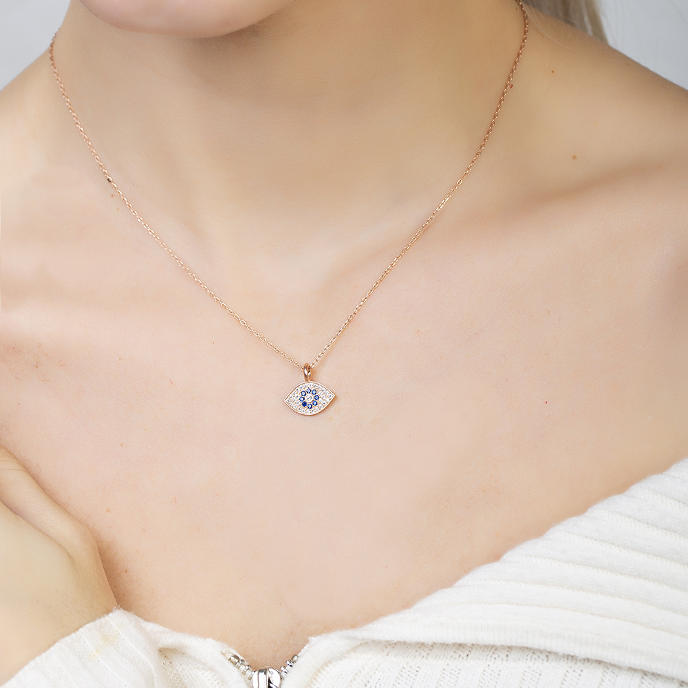 Lacivert Beyaz Zirkon Taşlı Göz Tasarım Rose Renk 925 Ayar Gümüş Kadın Kolye - 4
