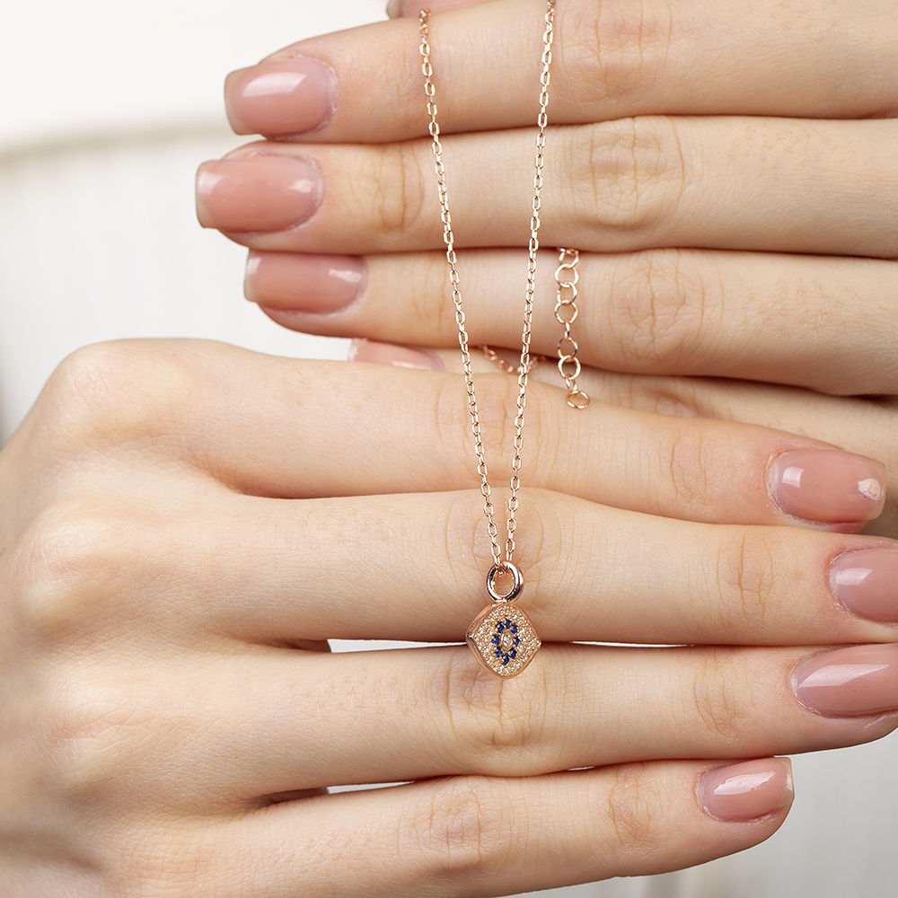 Lacivert Beyaz Zirkon Taşlı Göz Tasarım Rose Renk 925 Ayar Gümüş Kadın Kolye - 5