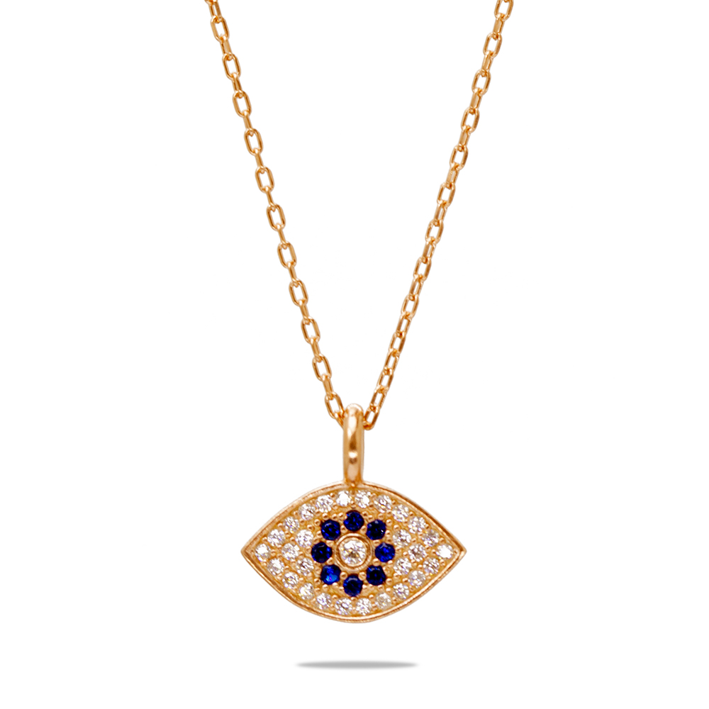 Lacivert Beyaz Zirkon Taşlı Göz Tasarım Rose Renk 925 Ayar Gümüş Kadın Kolye - 2