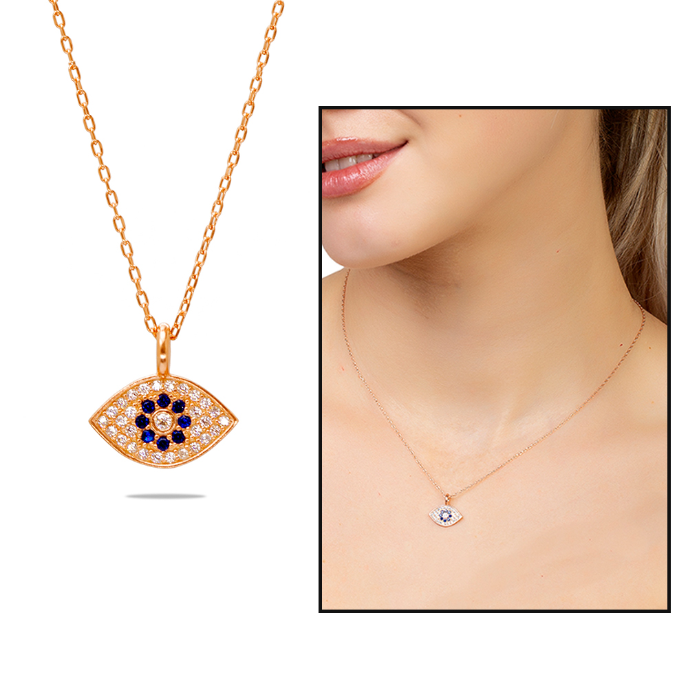 Lacivert Beyaz Zirkon Taşlı Göz Tasarım Rose Renk 925 Ayar Gümüş Kadın Kolye - 1