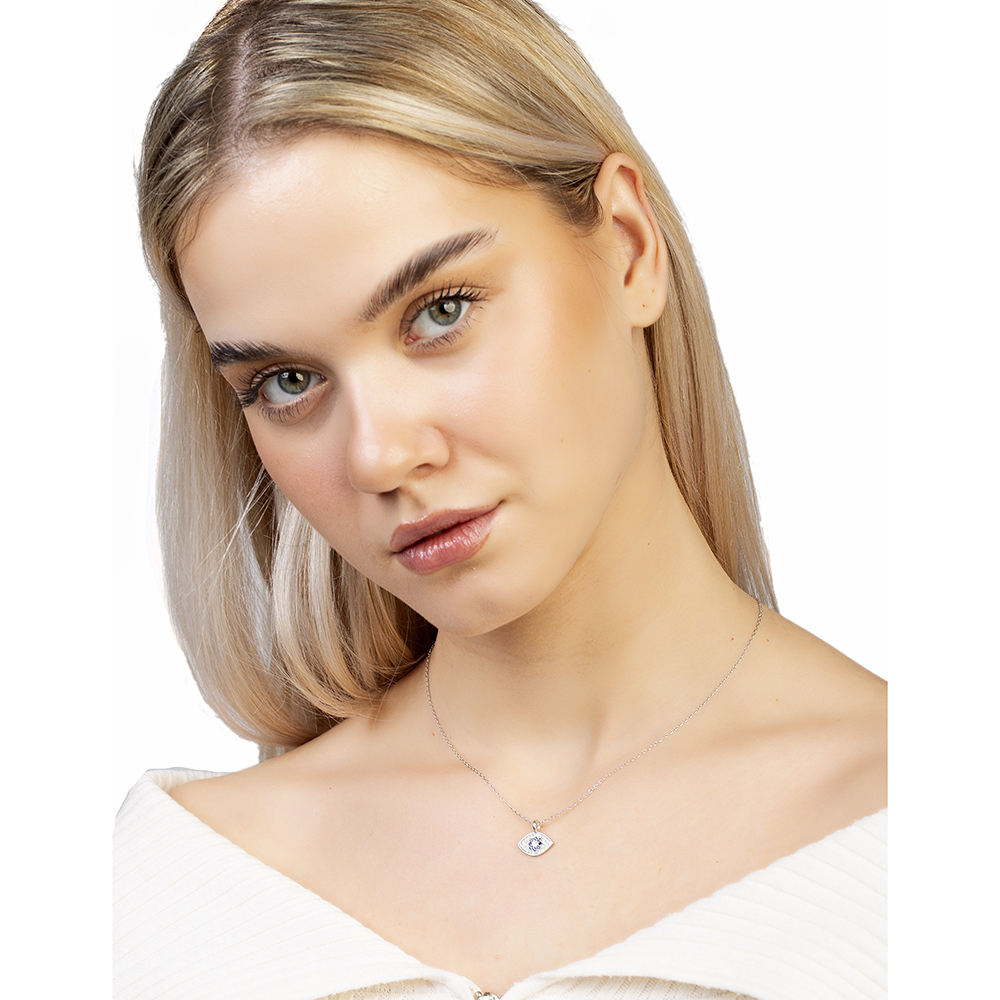 Lacivert Beyaz Zirkon Taşlı Göz Tasarım Gümüş Renk 925 Ayar Gümüş Kadın Kolye - 2