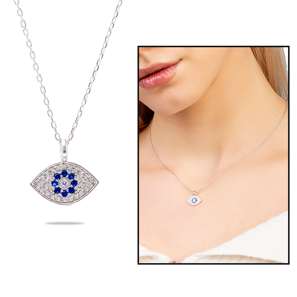 Lacivert Beyaz Zirkon Taşlı Göz Tasarım Gümüş Renk 925 Ayar Gümüş Kadın Kolye - 1