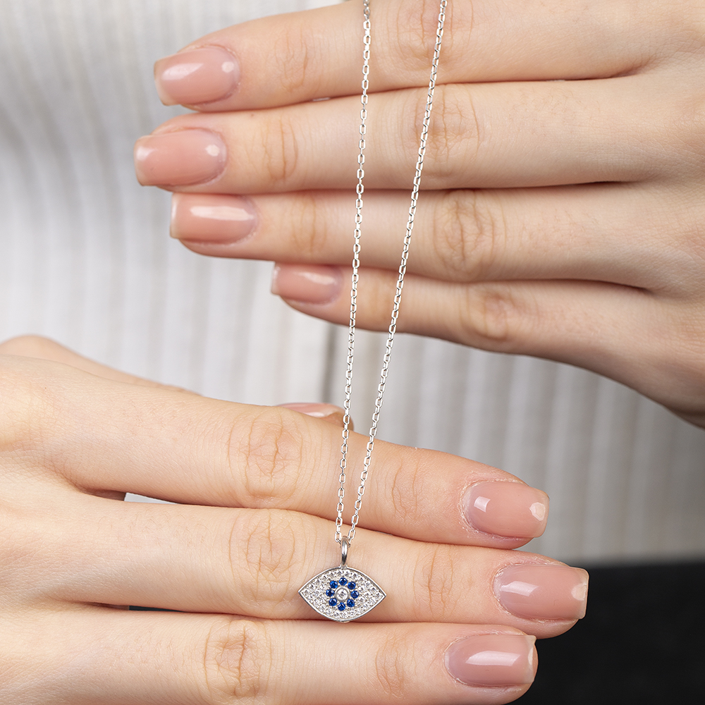 Lacivert Beyaz Zirkon Taşlı Göz Tasarım Gümüş Renk 925 Ayar Gümüş Kadın Kolye - 4