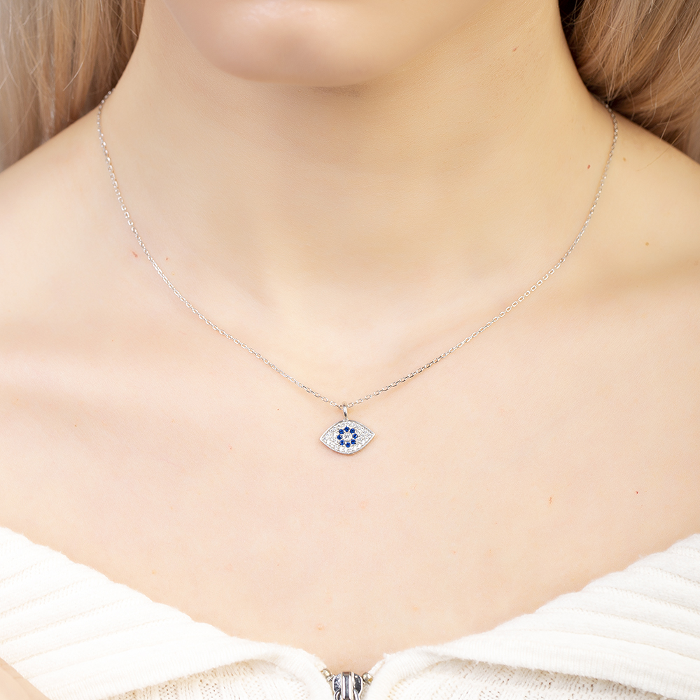 Lacivert Beyaz Zirkon Taşlı Göz Tasarım Gümüş Renk 925 Ayar Gümüş Kadın Kolye - 5