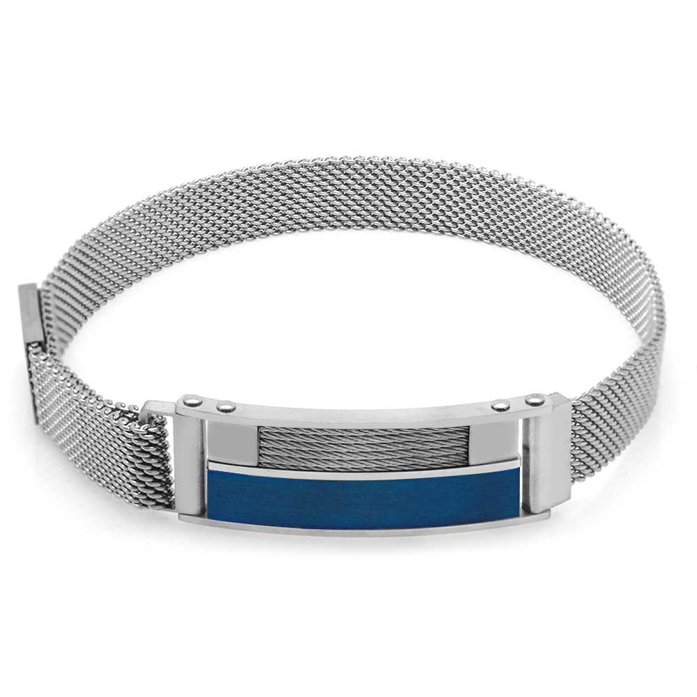 Lacivert Detaylı Kişiye Özel İsim Yazılı Magnet Kapamalı Gümüş Renk Çelik Erkek Hasır Bileklik - 4