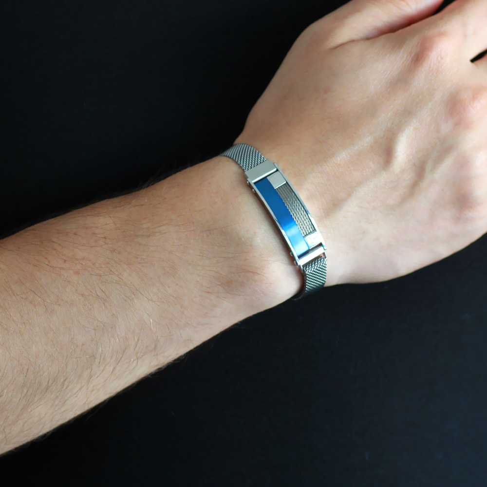 Lacivert Detaylı Kişiye Özel İsim Yazılı Magnet Kapamalı Gümüş Renk Çelik Erkek Hasır Bileklik - 2