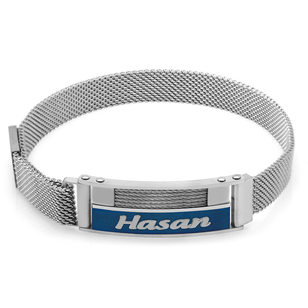 Lacivert Detaylı Kişiye Özel İsim Yazılı Magnet Kapamalı Gümüş Renk Çelik Erkek Hasır Bileklik - 3