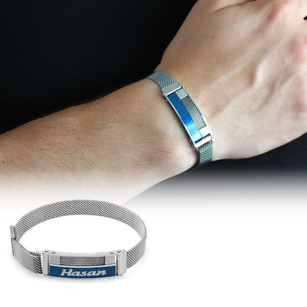 Lacivert Detaylı Kişiye Özel İsim Yazılı Magnet Kapamalı Gümüş Renk Çelik Erkek Hasır Bileklik - 1