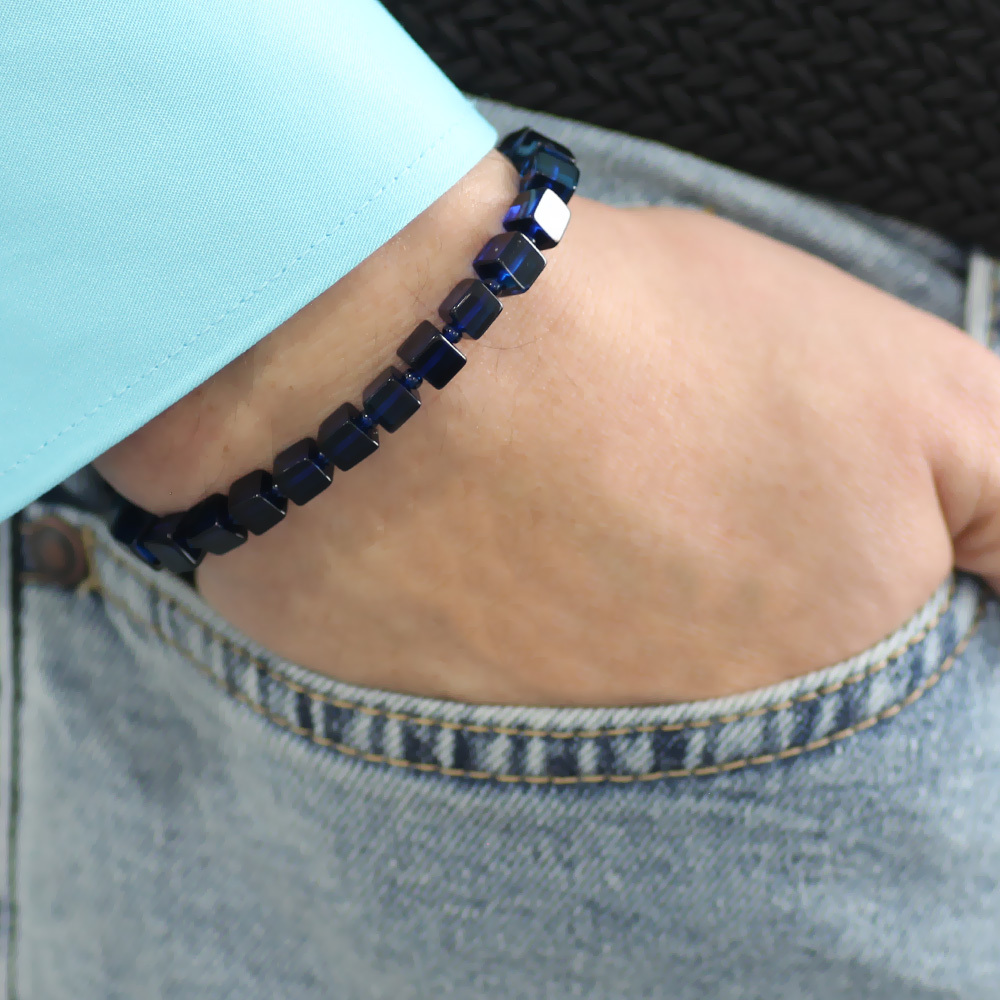 Lacivert Renk Küp Kesim Doğal Damla Kehribar Erkek Bileklik - 7