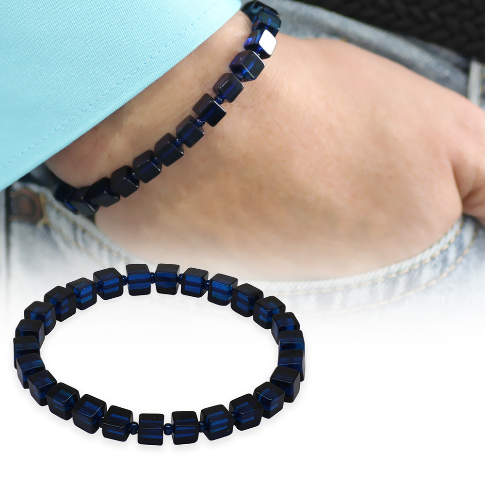 Lacivert Renk Küp Kesim Doğal Damla Kehribar Erkek Bileklik - 5