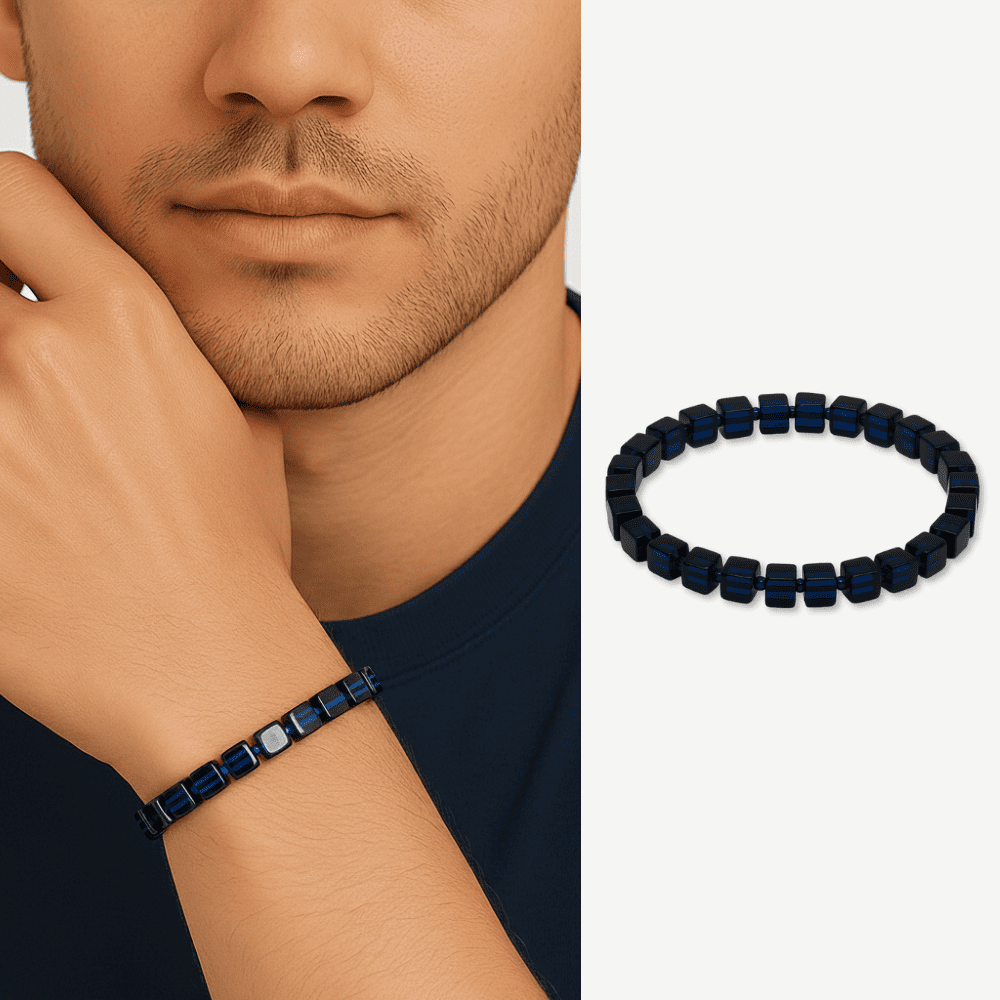 Lacivert Renk Küp Kesim Doğal Damla Kehribar Erkek Bileklik - 1