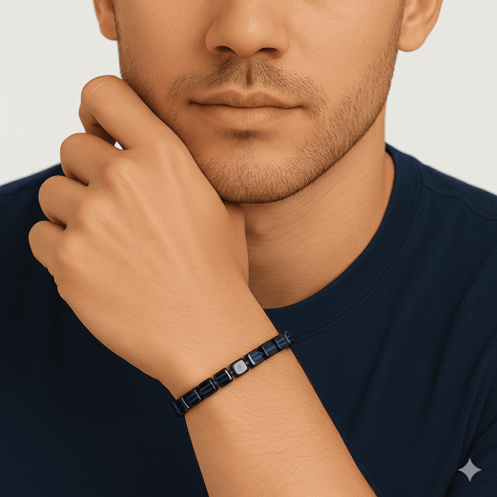 Lacivert Renk Küp Kesim Doğal Damla Kehribar Erkek Bileklik - 2