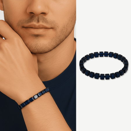 Lacivert Renk Küp Kesim Doğal Damla Kehribar Erkek Bileklik - Tesbihane