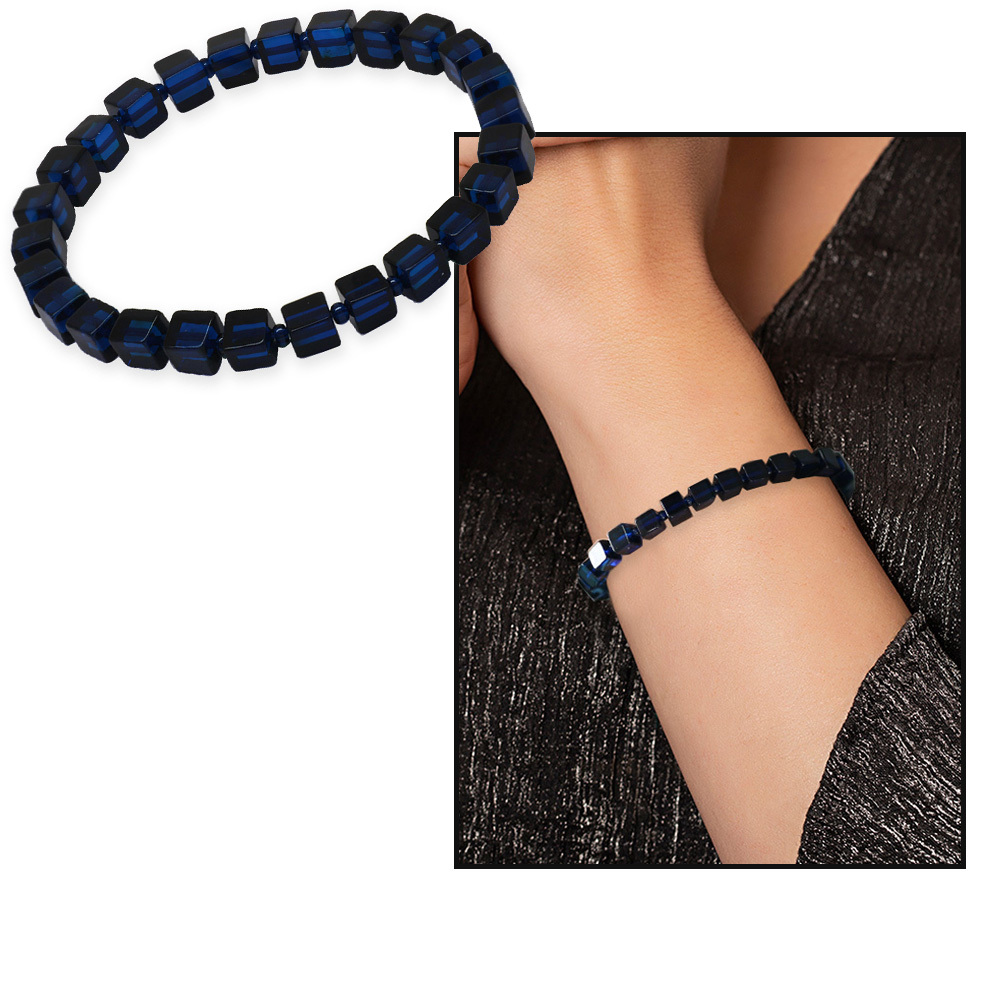 Lacivert Renk Küp Kesim Doğal Damla Kehribar Kadın Bileklik - 5