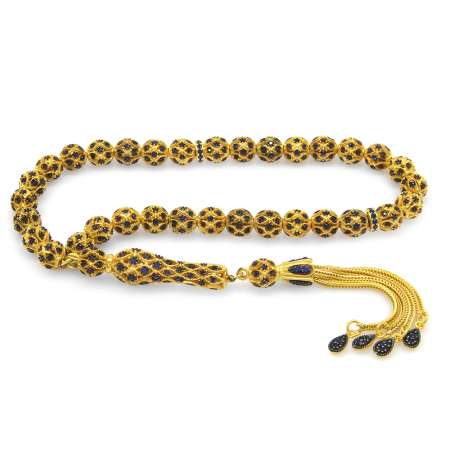 Lacivert Zirkon Taşlı Telkari Tasarım Altın Renk Küre Kesim 925 Ayar Gümüş Tesbih - Tesbihane