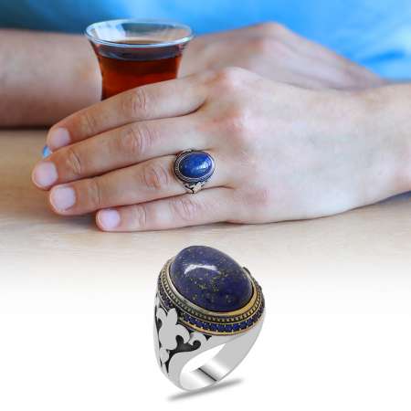 Lale Motifli Mavi Lapis Taşlı 925 Ayar Gümüş Erkek Yüzük - STOKYOK