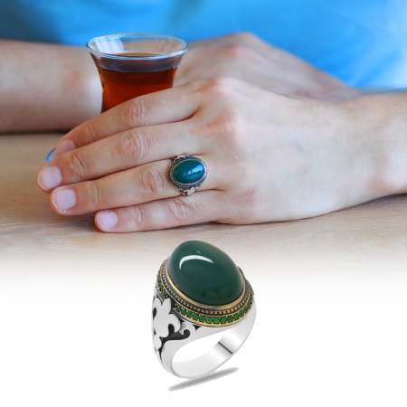 Lale Motifli Yeşil Akik Taşlı 925 Ayar Gümüş Erkek Yüzük - STOKYOK
