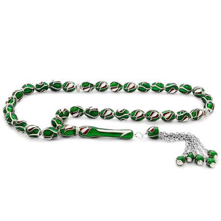 Lale Tasarım Yeşil Mineli Arpa Kesim 925 Ayar Gümüş Tesbih - Tesbihane