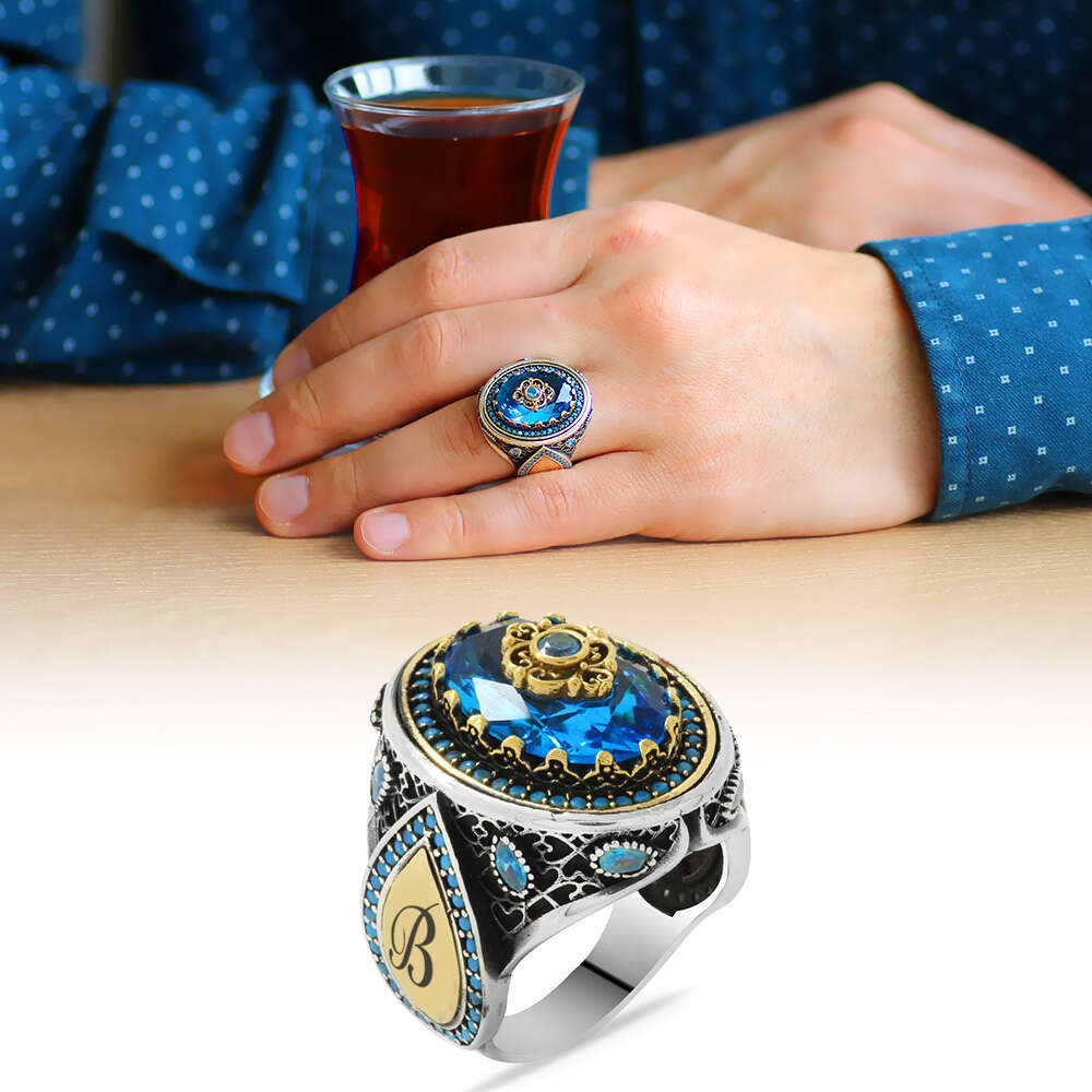 Lale Temalı Aqua Mavi Zirkon Taşlı İsme Özel Yazılı 925 Ayar Gümüş Erkek Yüzük - 1