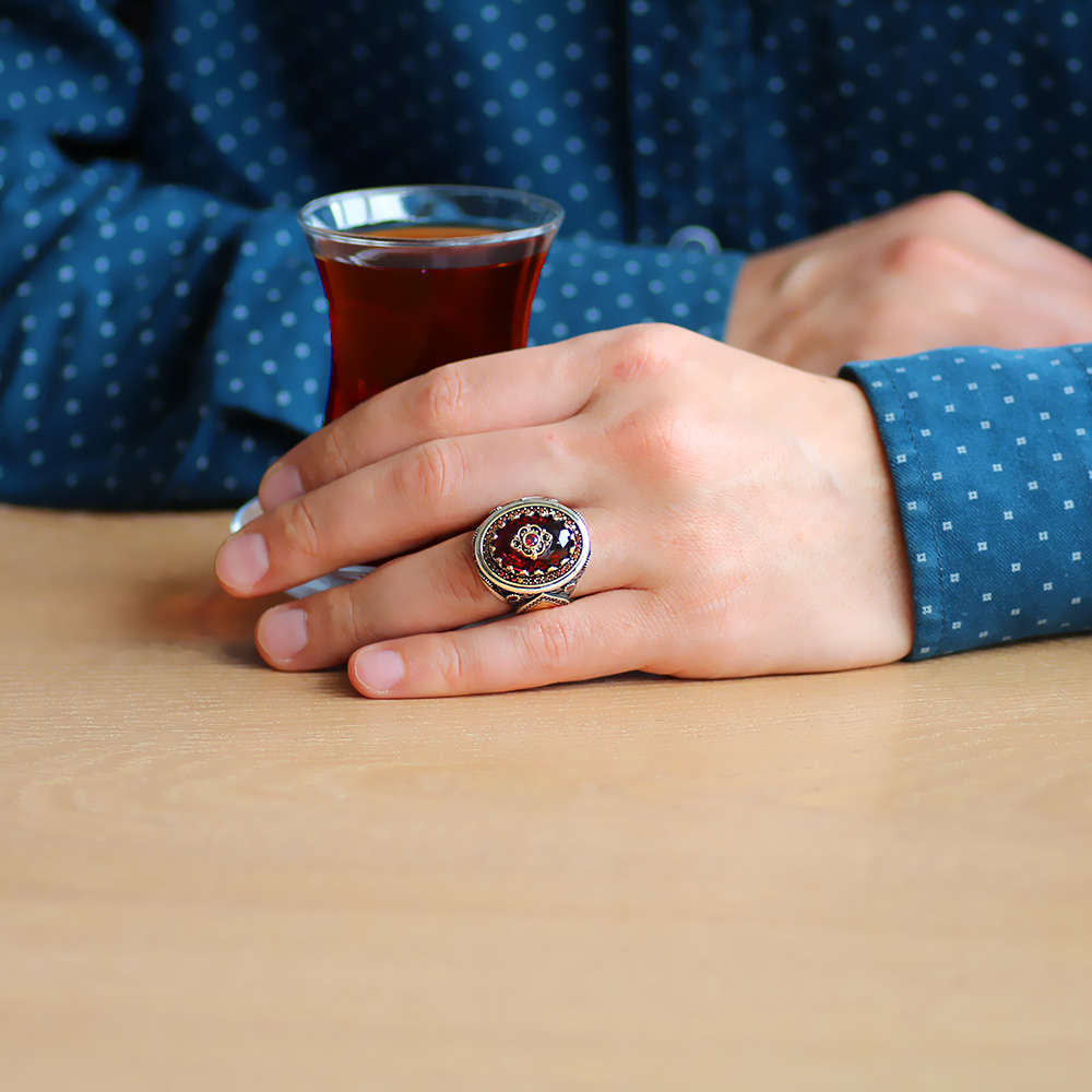 Lale Temalı Kırmızı Zirkon Taşlı İsme Özel Yazılı 925 Ayar Gümüş Erkek Yüzük - 2