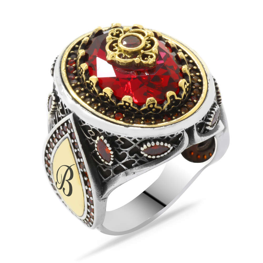 Lale Temalı Kırmızı Zirkon Taşlı İsme Özel Yazılı 925 Ayar Gümüş Erkek Yüzük - 3