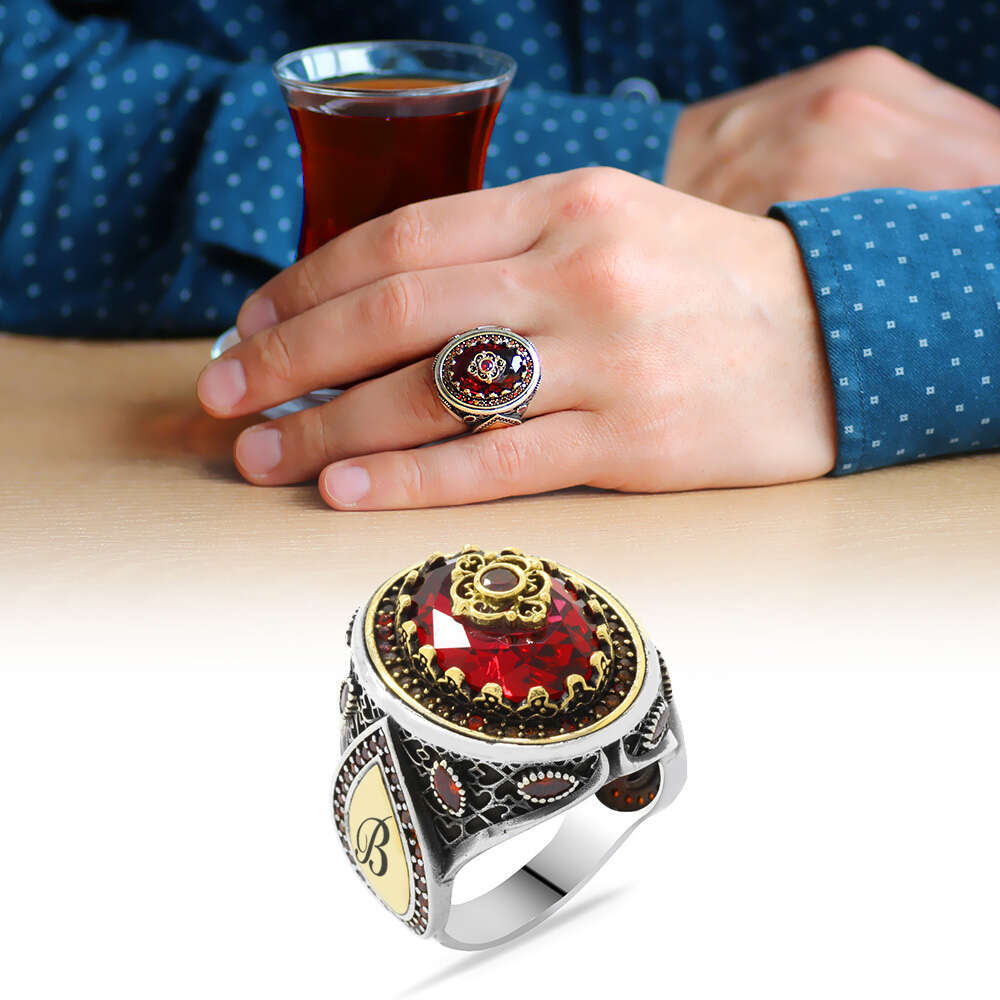 Lale Temalı Kırmızı Zirkon Taşlı İsme Özel Yazılı 925 Ayar Gümüş Erkek Yüzük - 1