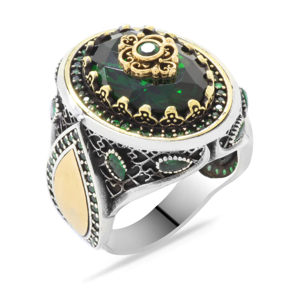 Lale Temalı Yeşil Zirkon Taşlı İsme Özel Yazılı 925 Ayar Gümüş Erkek Yüzük - 4