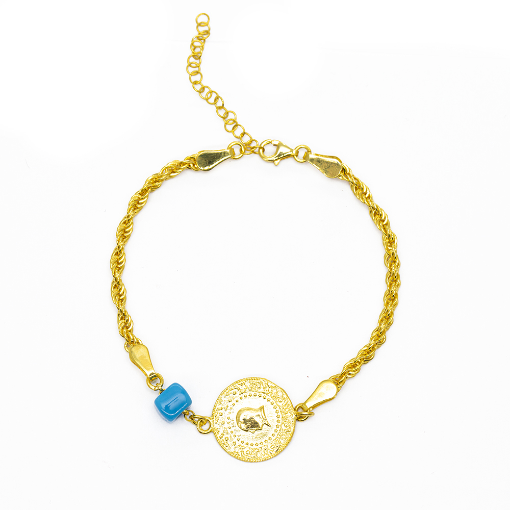 Liralı Nazar Boncuğu Detaylı Halat Zincirli Altın Renk 925 Ayar Gümüş Kadın Bileklik - 2