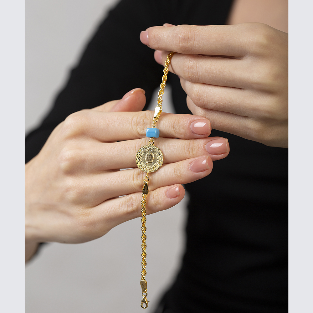 Liralı Nazar Boncuğu Detaylı Halat Zincirli Altın Renk 925 Ayar Gümüş Kadın Bileklik - 4