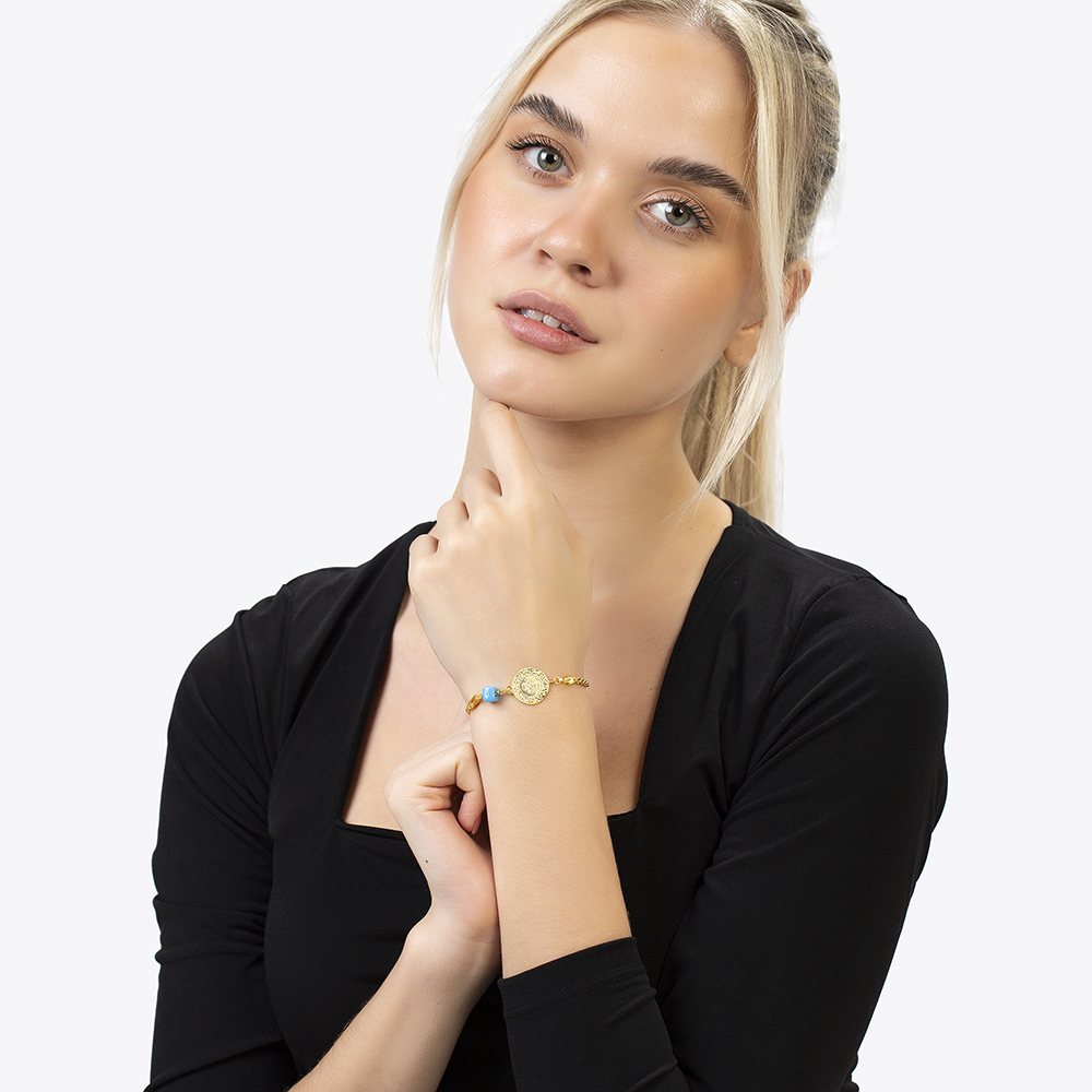 Liralı Nazar Boncuğu Detaylı Halat Zincirli Altın Renk 925 Ayar Gümüş Kadın Bileklik - 5