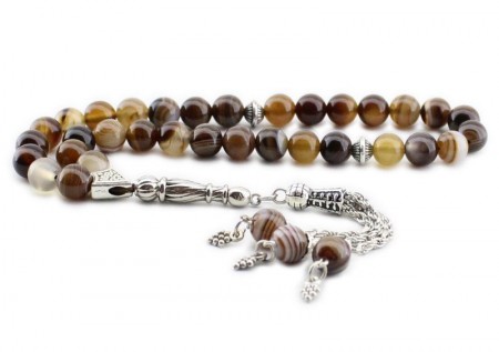 Kararmaz Metal Püsküllü Küre Kesim Madagaskar Akik Doğaltaş Tesbih - Tesbihane