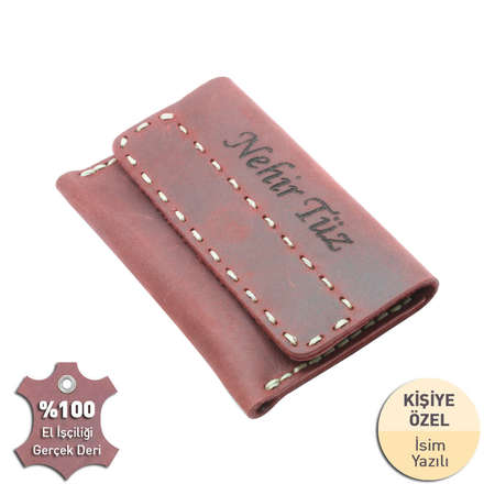 Magnet Kapaklı Bej İpten Tamamı El Dikişi Kırmızı Crazy Dana Derisi Kartlık - STOKYOK