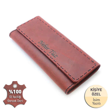 Magnet Kapaklı Siyah İpten Tamamı El Dikişi Kırmızı Crazy Dana Derisi Cüzdan - Tesbihane