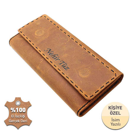 Magnet Kapaklı Siyah İpten Tamamı El Dikişi Sarı Crazy Dana Derisi Cüzdan - Tesbihane