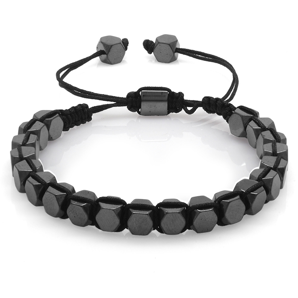 Makrome Örgülü Altıgen Prizma Tasarım Hematit Doğaltaş Erkek Bileklik - 3