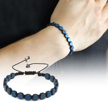 Makrome Örgülü Altıgen Tasarım Mavi Hematit Doğaltaş Bileklik - Tesbihane