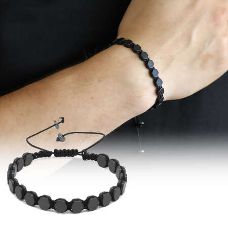 Makrome Örgülü Altıgen Tasarım Siyah Hematit Doğaltaş Bileklik - STOKYOK