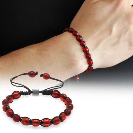 Makrome Örgülü Arpa Kesim Kırmızı Doğal Damla Kehribar Erkek Bileklik - Tesbihane