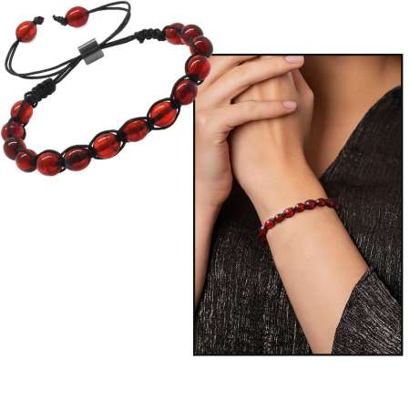 Makrome Örgülü Arpa Kesim Kırmızı Doğal Damla Kehribar Kadın Bileklik - Tesbihane