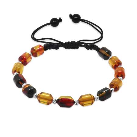 Makrome Örgülü Beyaz Dorika Top Süslemeli Bala Siyah Ateş Kehribar Erkek Bileklik - Tesbihane