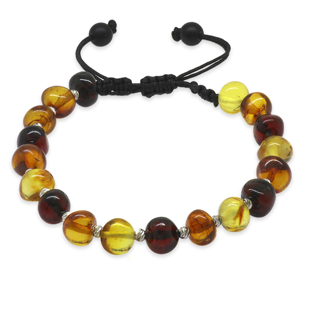 Makrome Örgülü Dorika Detaylı Multicolor Natural Form Doğal Damla Kehribar Erkek Bileklik - 6